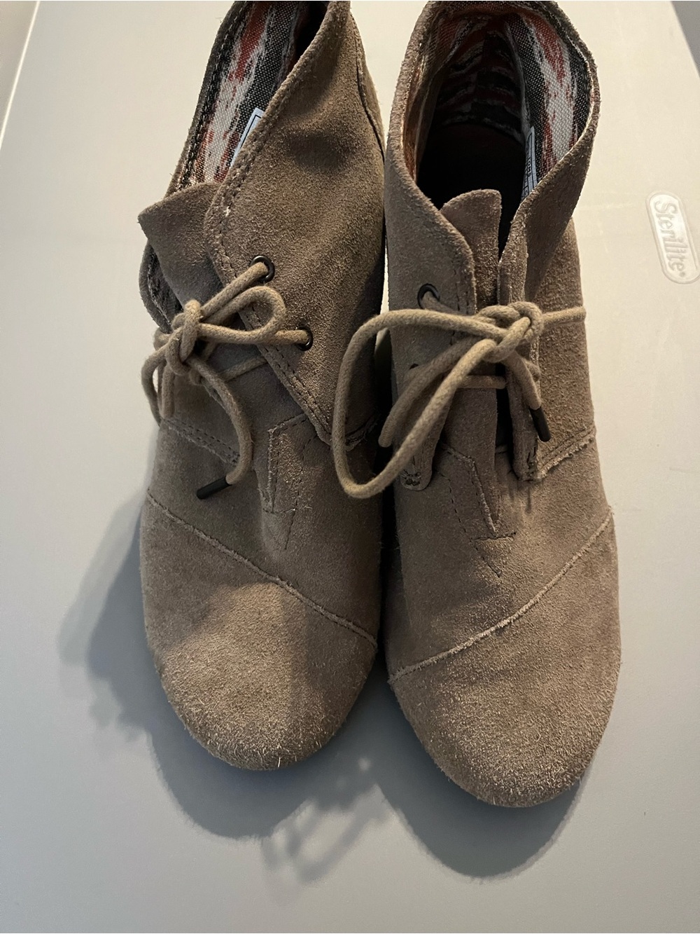 Toms Taupe Suede Lace-Up Wedge Booties